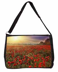 Poppies, Poppy Field at Sunset Large Black Laptop Shoulder Bag School/College