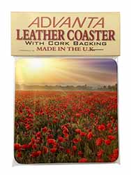 Poppies, Poppy Field at Sunset Single Leather Photo Coaster