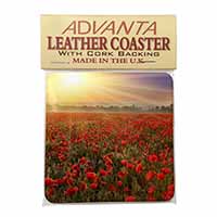 Poppies, Poppy Field at Sunset Single Leather Photo Coaster