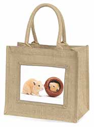 Hamsters in Play Pot Natural/Beige Jute Large Shopping Bag