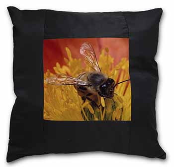 Honey Bee on Flower Black Satin Feel Scatter Cushion