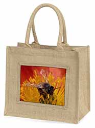 Honey Bee on Flower Natural/Beige Jute Large Shopping Bag