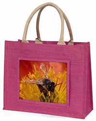 Honey Bee on Flower Large Pink Jute Shopping Bag