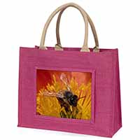 Honey Bee on Flower Large Pink Jute Shopping Bag