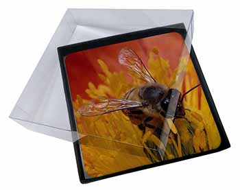 4x Honey Bee on Flower Picture Table Coasters Set in Gift Box