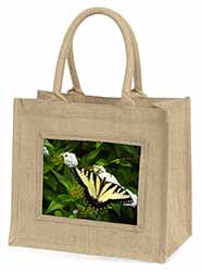 Pretty Black and Yellow Butterfly Natural/Beige Jute Large Shopping Bag