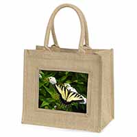 Pretty Black and Yellow Butterfly Natural/Beige Jute Large Shopping Bag
