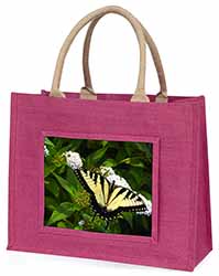 Pretty Black and Yellow Butterfly Large Pink Jute Shopping Bag