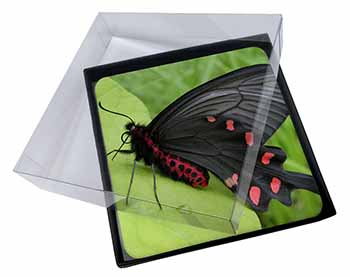 4x Black and Red Butterflies Picture Table Coasters Set in Gift Box