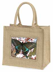 Black and Blue Butterfly Natural/Beige Jute Large Shopping Bag