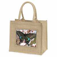 Black and Blue Butterfly Natural/Beige Jute Large Shopping Bag