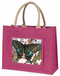 Black and Blue Butterfly Large Pink Jute Shopping Bag