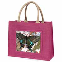 Black and Blue Butterfly Large Pink Jute Shopping Bag