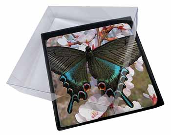 4x Black and Blue Butterfly Picture Table Coasters Set in Gift Box