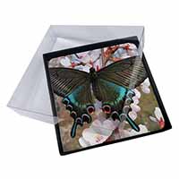 4x Black and Blue Butterfly Picture Table Coasters Set in Gift Box