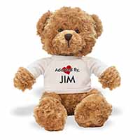 Adopted By JIM Teddy Bear Wearing a Personalised Name T-Shirt