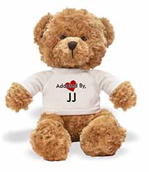 Adopted By JJ Teddy Bear Wearing a Personalised Name T-Shirt