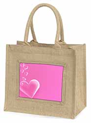 Pink Hearts Love Gift Natural/Beige Jute Large Shopping Bag