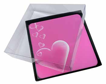 4x Pink Hearts Love Gift Picture Table Coasters Set in Gift Box