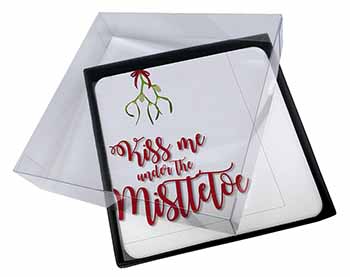 4x Kiss Me Under The Mistletoe Picture Table Coasters Set in Gift Box