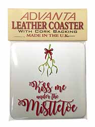 Kiss Me Under The Mistletoe Single Leather Photo Coaster
