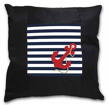 Nautical Stripes Red Anchor Black Satin Feel Scatter Cushion
