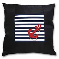 Nautical Stripes Red Anchor Black Satin Feel Scatter Cushion