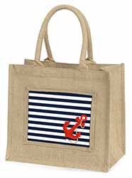 Nautical Stripes Red Anchor Natural/Beige Jute Large Shopping Bag
