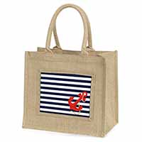 Nautical Stripes Red Anchor Natural/Beige Jute Large Shopping Bag