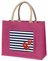 Nautical Stripes Red Anchor Large Pink Jute Shopping Bag