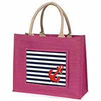 Nautical Stripes Red Anchor Large Pink Jute Shopping Bag