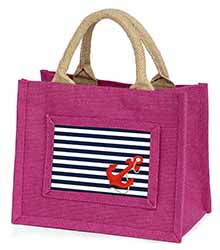 Nautical Stripes Red Anchor Little Girls Small Pink Jute Shopping Bag