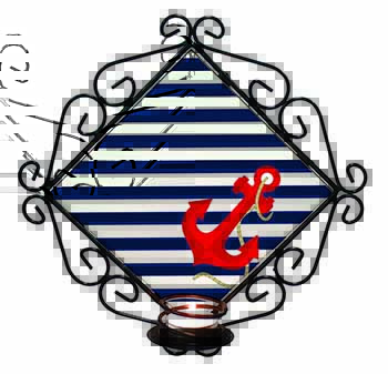 Nautical Stripes Red Anchor Wrought Iron Wall Art Candle Holder