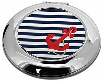 Nautical Stripes Red Anchor Make-Up Round Compact Mirror