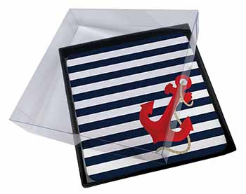 4x Nautical Stripes Red Anchor Picture Table Coasters Set in Gift Box