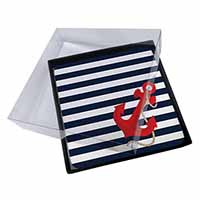 4x Nautical Stripes Red Anchor Picture Table Coasters Set in Gift Box
