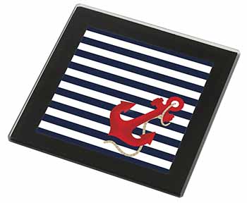 Nautical Stripes Red Anchor Black Rim High Quality Glass Coaster