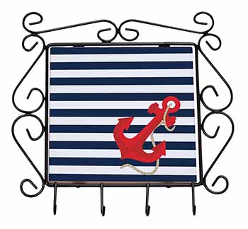 Nautical Stripes Red Anchor Wrought Iron Key Holder Hooks