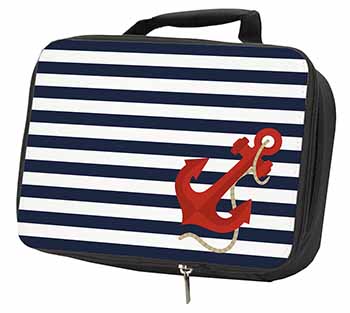 Nautical Stripes Red Anchor Black Insulated School Lunch Box/Picnic Bag