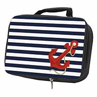 Nautical Stripes Red Anchor Black Insulated School Lunch Box/Picnic Bag