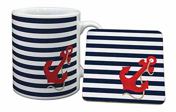 Nautical Stripes Red Anchor Mug and Coaster Set