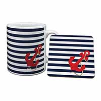 Nautical Stripes Red Anchor Mug and Coaster Set