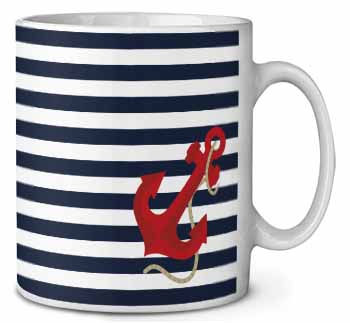 Nautical Stripes Red Anchor Ceramic 10oz Coffee Mug/Tea Cup