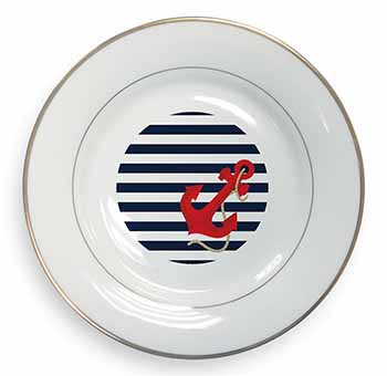 Nautical Stripes Red Anchor Gold Rim Plate Printed Full Colour in Gift Box