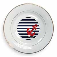 Nautical Stripes Red Anchor Gold Rim Plate Printed Full Colour in Gift Box