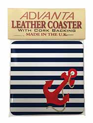 Nautical Stripes Red Anchor Single Leather Photo Coaster