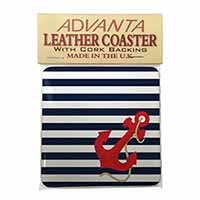 Nautical Stripes Red Anchor Single Leather Photo Coaster