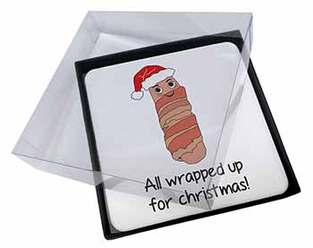 4x Christmas Pig In Blanket Picture Table Coasters Set in Gift Box