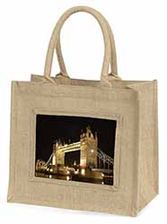 London Tower Bridge Print Natural/Beige Jute Large Shopping Bag