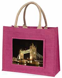 London Tower Bridge Print Large Pink Jute Shopping Bag